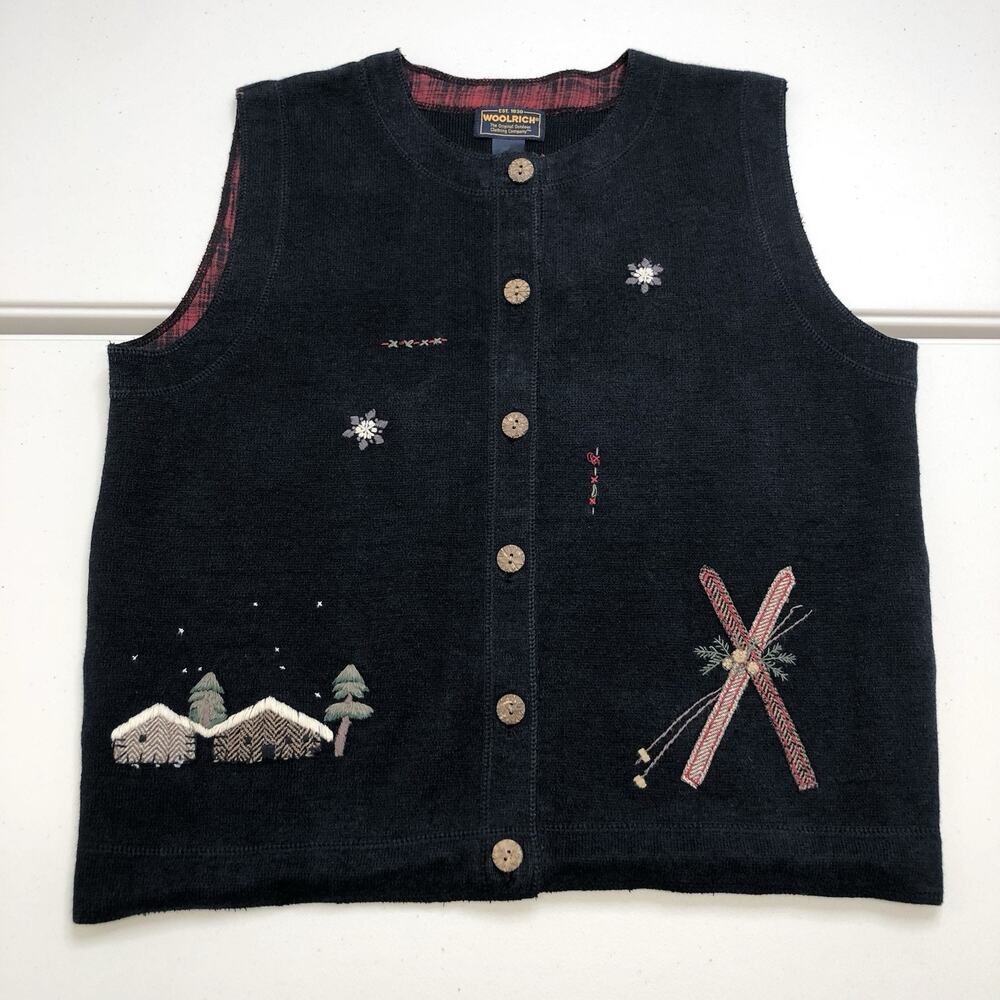 WoolRich Women's Sz L Black Embroidered Sleeveless 100% Wool Vest Cottagecore
